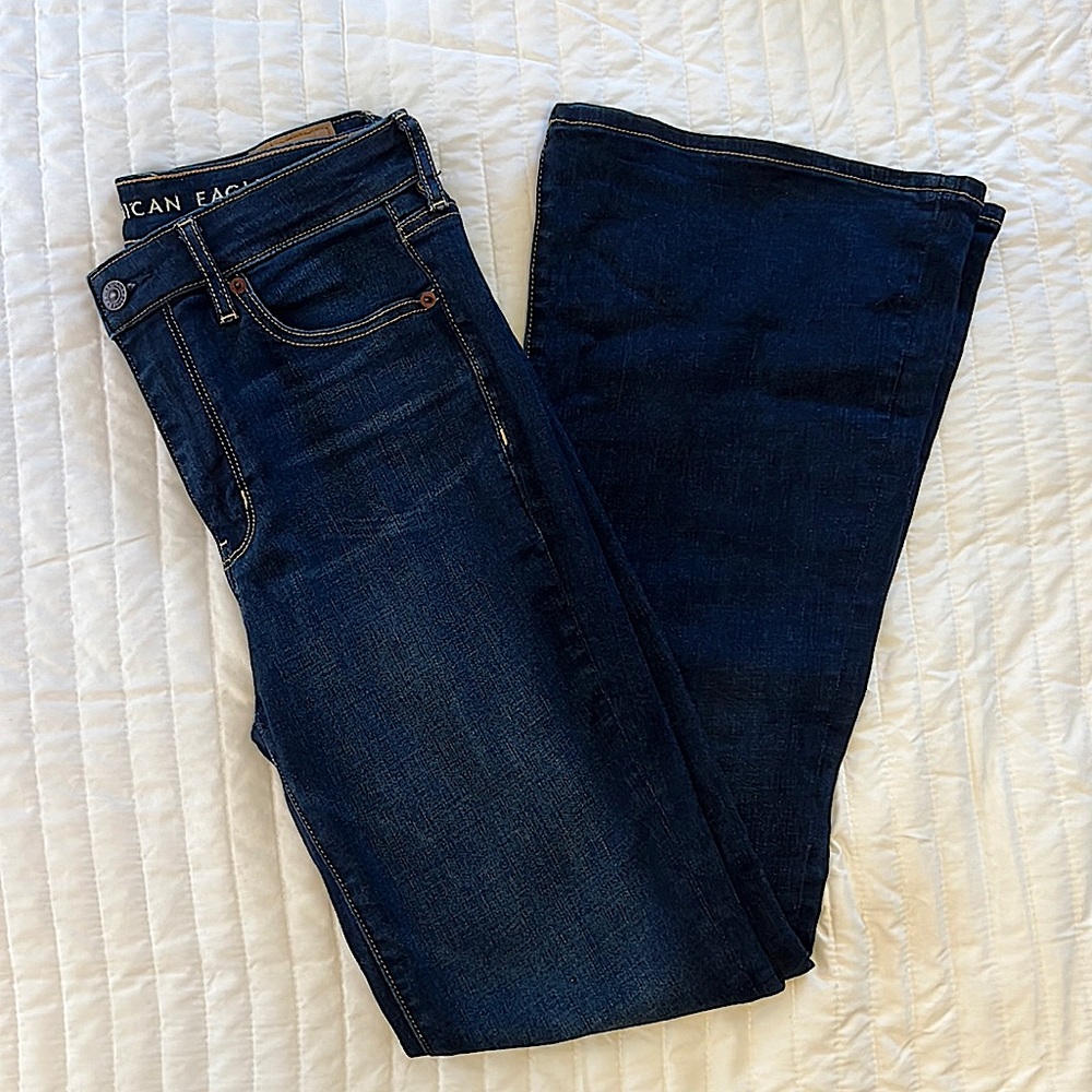 American Eagle super high rise flare, dark blue size 4